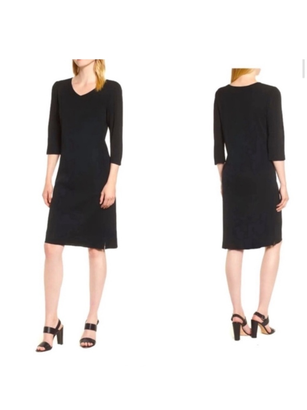 Ming Wang Black V-Neck Midi Dress with Three-Quarter Sleeves